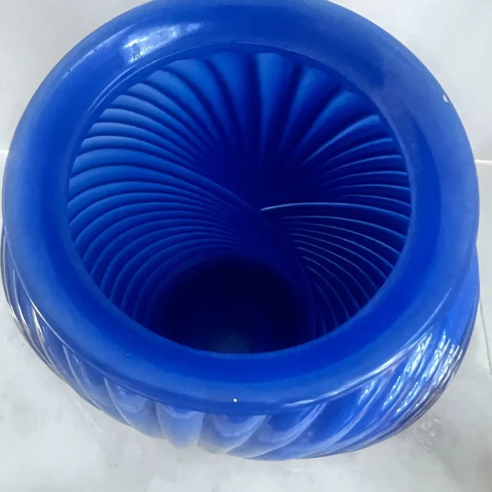 Vintage Glass Vase Blue Swirl Ribbed Decorative Art Deco Boho Contemporary‎ 10